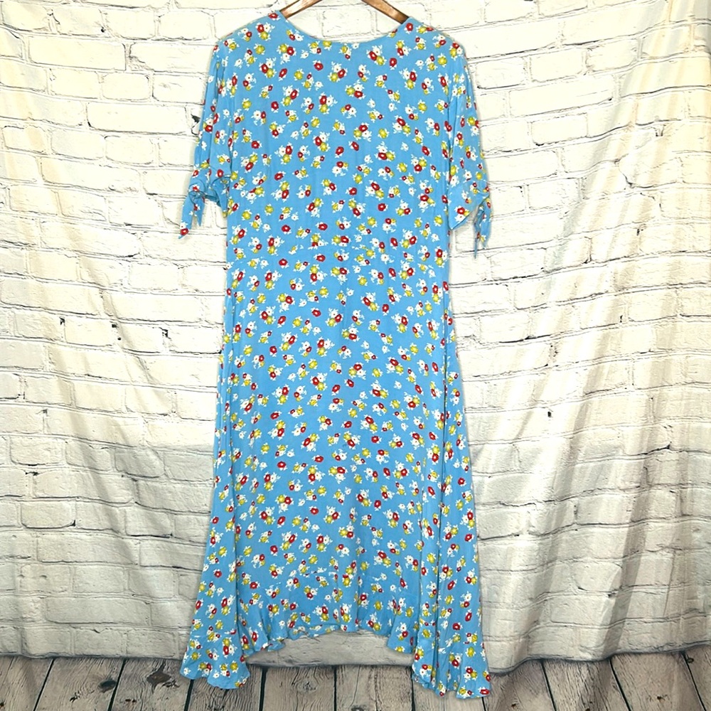 Faithfull The Brand Blue Floral Print Asymmetrical Ruffle Hem Maxi Dress Size 10